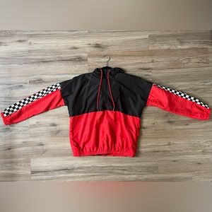 Size Small. Red & Black Windbreaker Hoodie Jacket with checkers on each sleeve.
